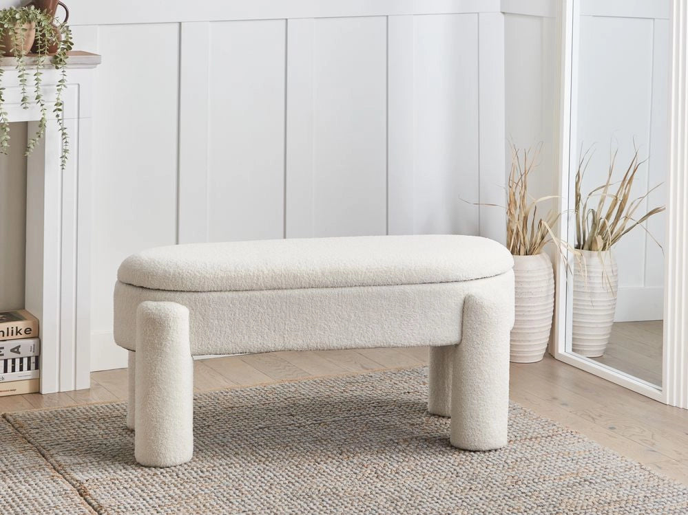Panca da letto imbottita moderna con contenitore in tessuto bouclé bianco sporco mobili da soggiorno a tinta unita