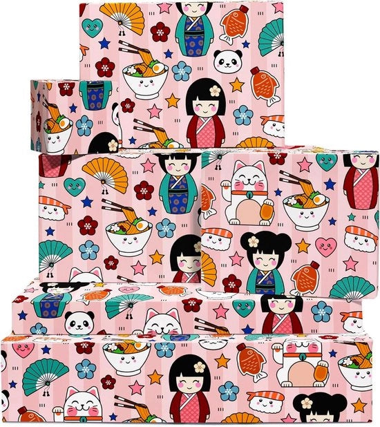 Imballo per bambine - 6 fogli di carta regalo rosa per compleanni con figura giapponese carina per donne sushi finestre - Con adesivi - Circa ...