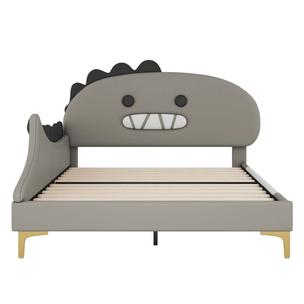 Letto per bambini 140×200 cm con testiera a dinosauro; senza materasso; pu e mdf; grigio