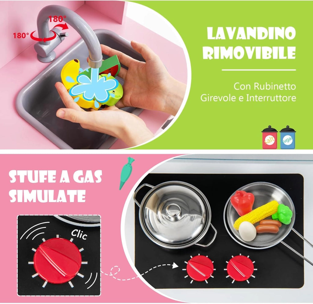 Cucina Giocattolo per Bambini in Legno, Cucina per Bambini con Microonde, Cappa Aspirante, Forno, Macchina del Ghiaccio, Lavello e Rubinetto, Manopole con Suoni, per 3-6 Anni (Rosa)