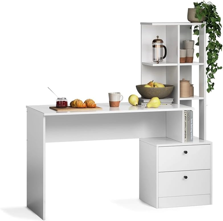 Tavolo da pranzo Denton, Bianco, 136 x 55 cm con 2 cassetti, con vani aperti per una conservazione flessibile