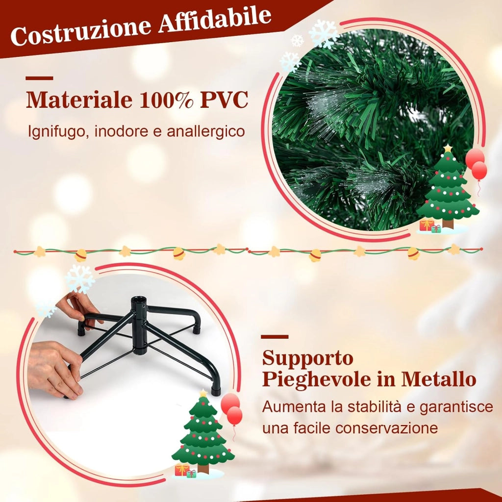 Albero di Natale con Luci in Fibra Ottica 120/150 cm, Albero di Natale Preilluminato con 8 Modalità di Illuminazione, 130/170 Rami, 14/20 Fiocchi di Neve, Puntale a Stella e Base (120 cm)
