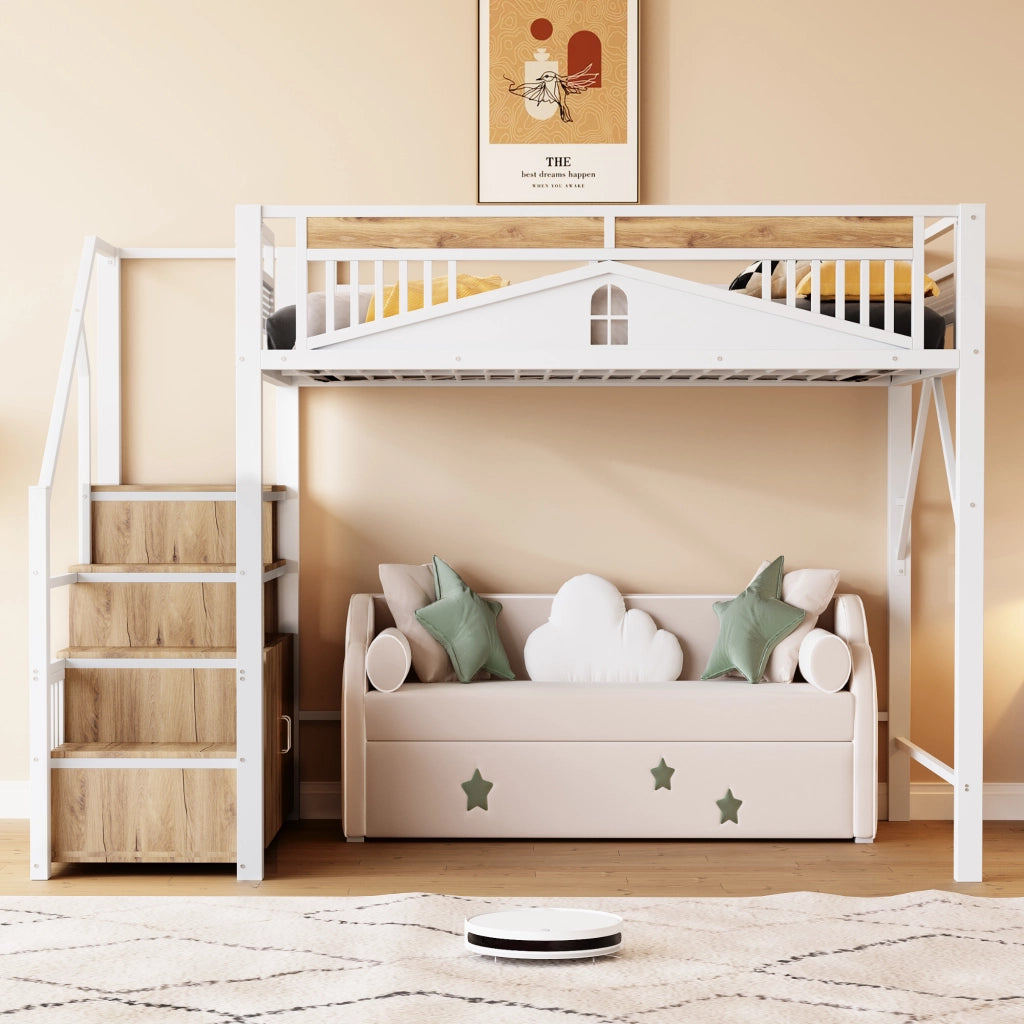 OKWISH Letto a Soppalco 140×200 cm, Letto Matrimoniale con Scala Contenitore, Armadietto e Sponda con Finestra, senza Materasso, Bianco