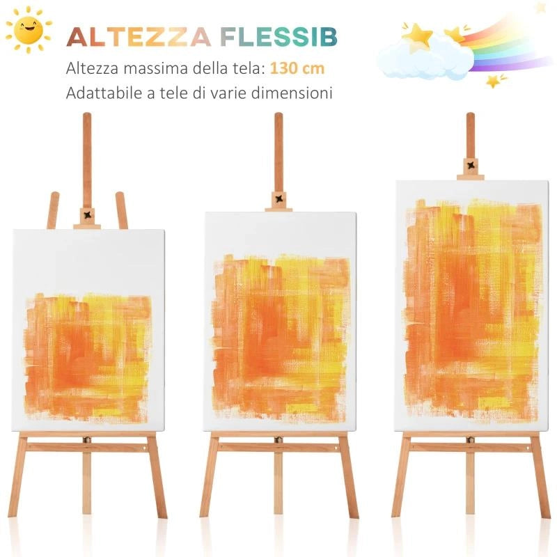 CAVALLETTO PER PITTURA TREPPIEDE CON SUPPORTO PER TELA REGOLABILE IN LEGNO DI FAGGIO, 65X68X174-230 CM