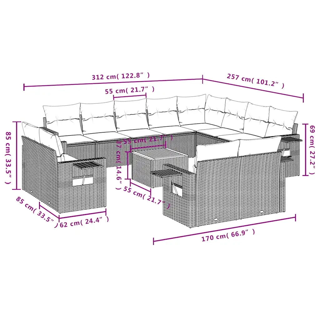 Set Divani da Giardino 13 pz con Cuscini Nero in Polyrattan 3224832