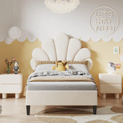 Letto per bambini di 90x200 cm imbottito in testiera beige con struttura a lamelle a forma di fiore ideale per adolescenti e camere degli ospiti