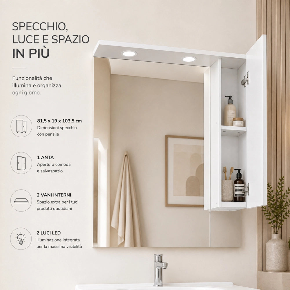 Set Completo Mobile da Bagno da Terra 101cm Tre Ante Bianco Specchio e Accessori