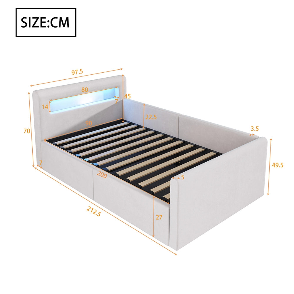 Letto bambino-Xylo-90x200 cm-LED, USB, idraulico, velluto beige