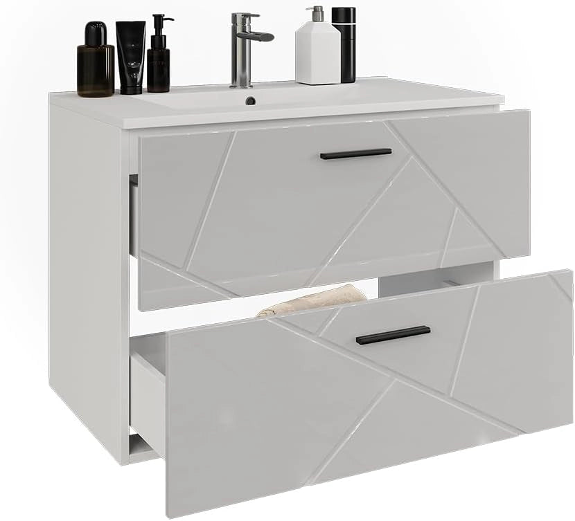 Set di mobili da bagno Irma, Bianco/bianco lucido, 80 cm, composto da mobile sottolavabo e lavabo