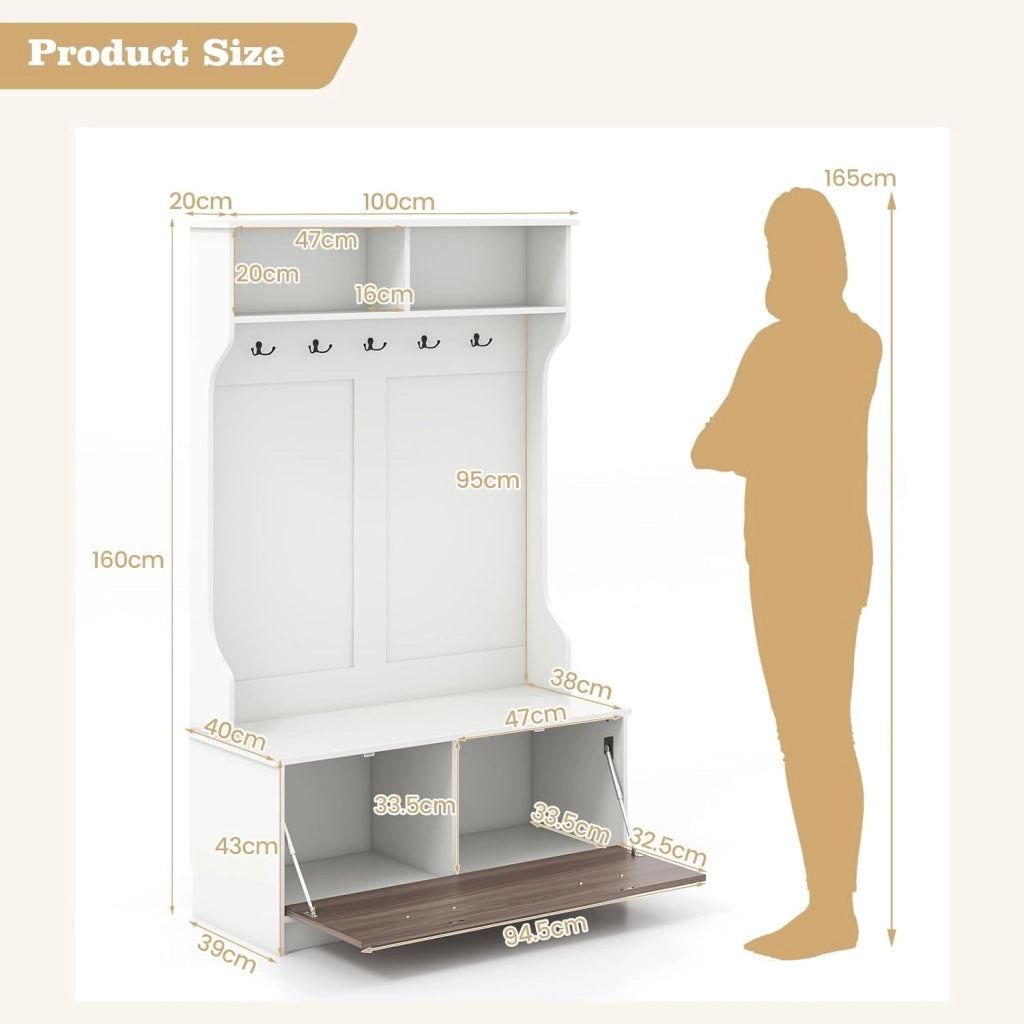 Appendiabiti con Panca da Scarpe, Armadio con Panca Portaoggetti e 5 Ganci e Scomparti, Mobile d'Ingresso Moderno per Corridoio, Camera da Letto, 100x40x160 cm (Bianco)