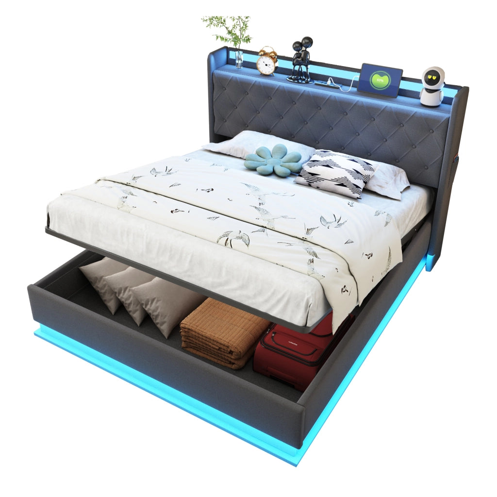 Letto imbottito con LED; USB e contenitore idraulico 140x200 cm in tessuto effetto lino grigio