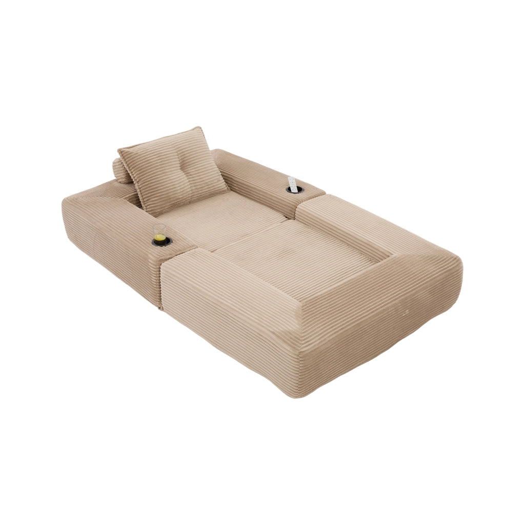 Divano letto - con tasche laterali e portabicchieri - in velluto a coste khaki