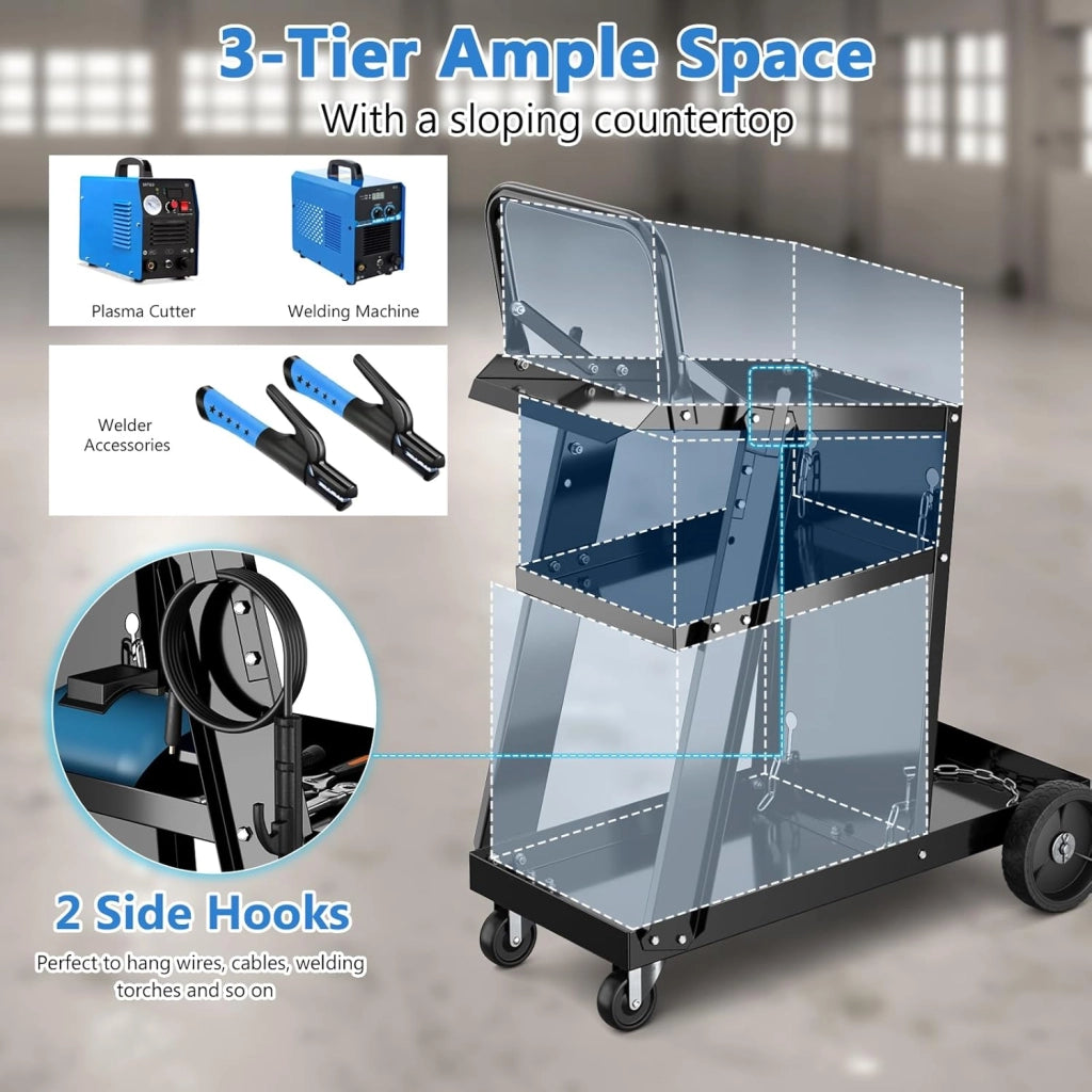 Carrello per officina, 3 livelli, con 2 catene di sicurezza e vassoio inferiore, 2 ganci laterali, carico 50 kg, 70 x 38 x 87 cm, per officina, garage