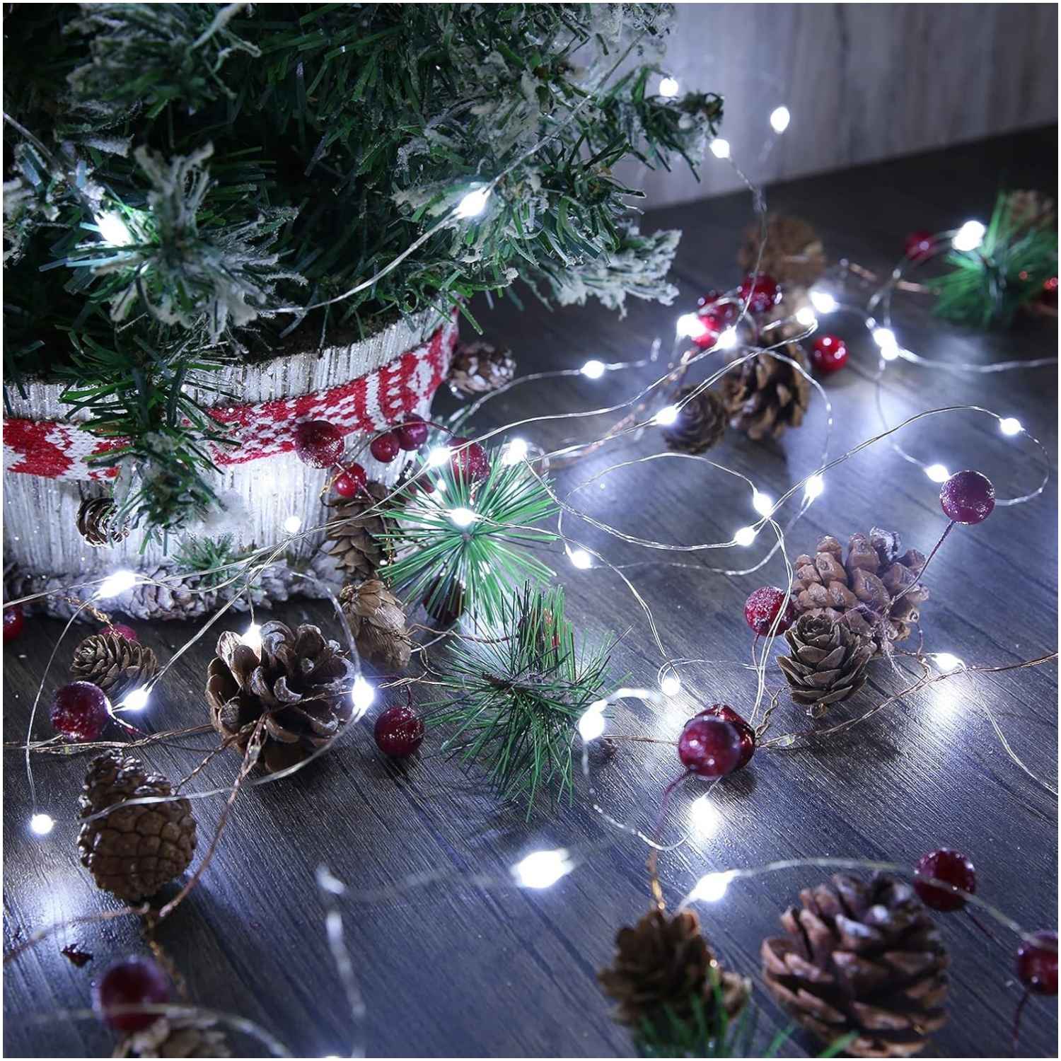 LUCI 50LED INTERNO ESTERNO CON FILO ARGENTATO BIANCO FREDDO A BATTERIA CON TIMER