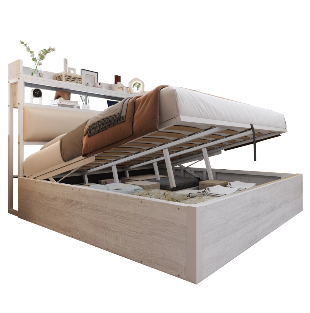 Letto matrimoniale 180x200 cm con contenitore; sollevamento idraulico; USB; testiera imbottita bianco