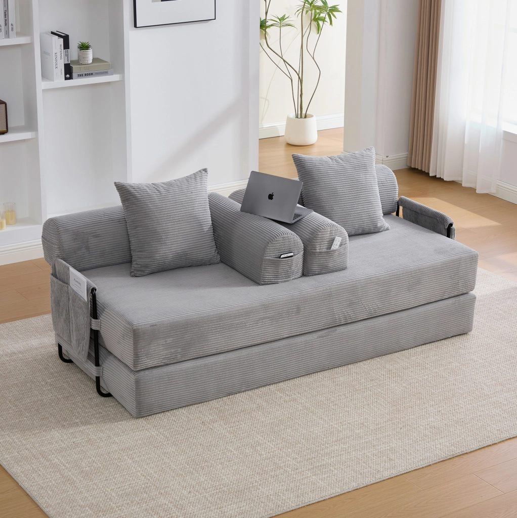 Divano modulare 200x94x67 cm con tasca laterale e 3 cuscini in velluto a coste grigio chiaro