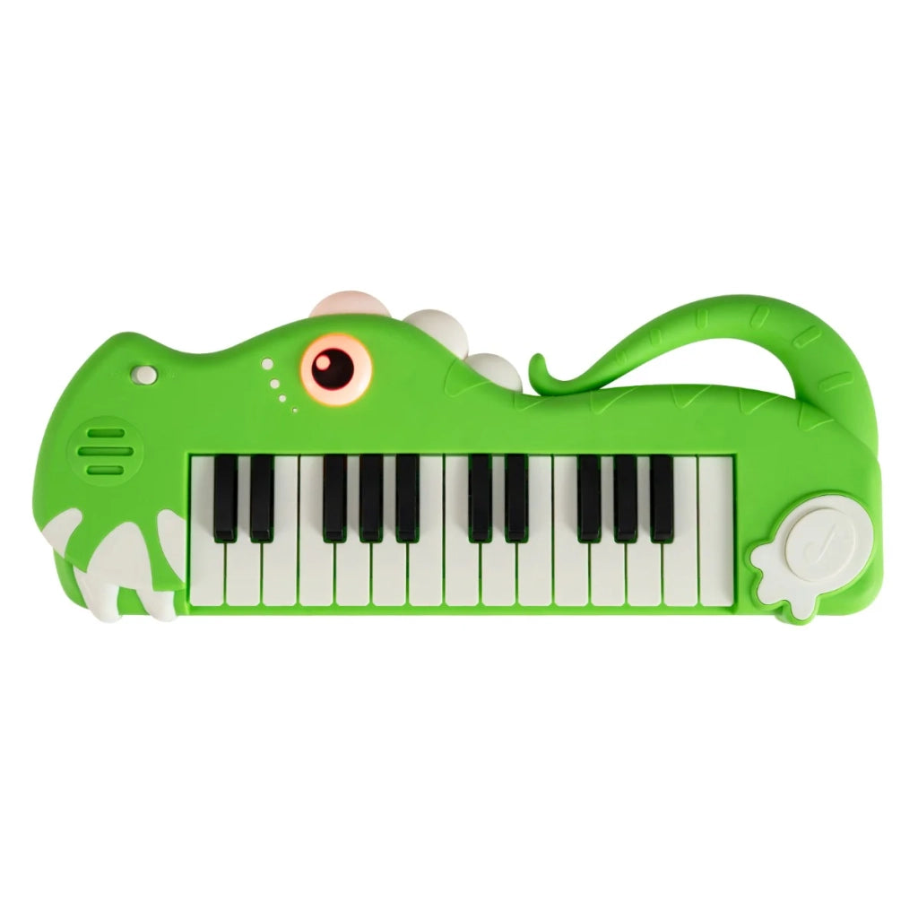 Pianoforte giocattolo per bambini 37 x 14,5 x 3,5 cm con musica e luci integrate design dinosauro verde PP 20_0018821