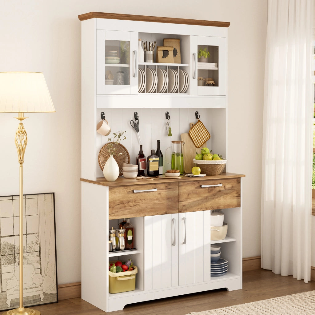 Credenza cucina con vetrina, 2 cassetti e ganci, bianco e naturale, 106x39x176,5 cm