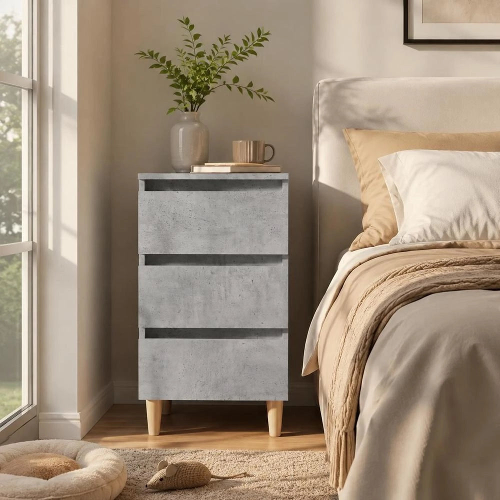 Nightstand With Solid Wood Legs, Concrete Grey, 40x35x69 Cm