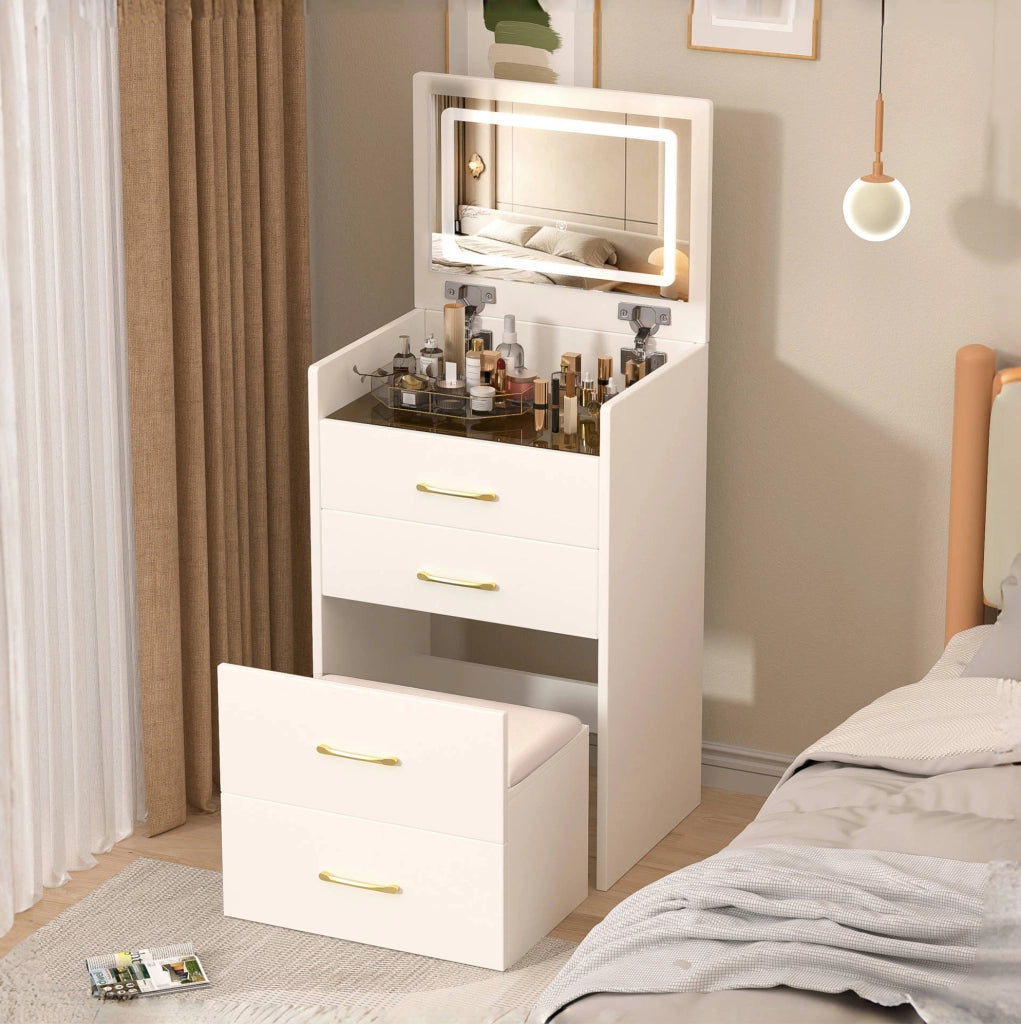 Tavolo da trucco 60x40x118 cm con specchio apribile; MDF bianco