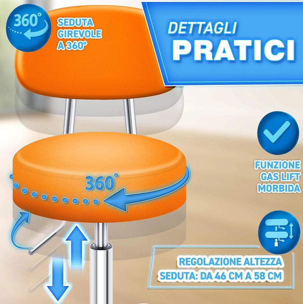 Sgabello con rotelle con schienale arancione | Sgabello da lavoro regolabile in altezza 46-58 cm | Sgabello girevole con rotelle | Sedia da ufficio sgabello sedia girevole sgabello per