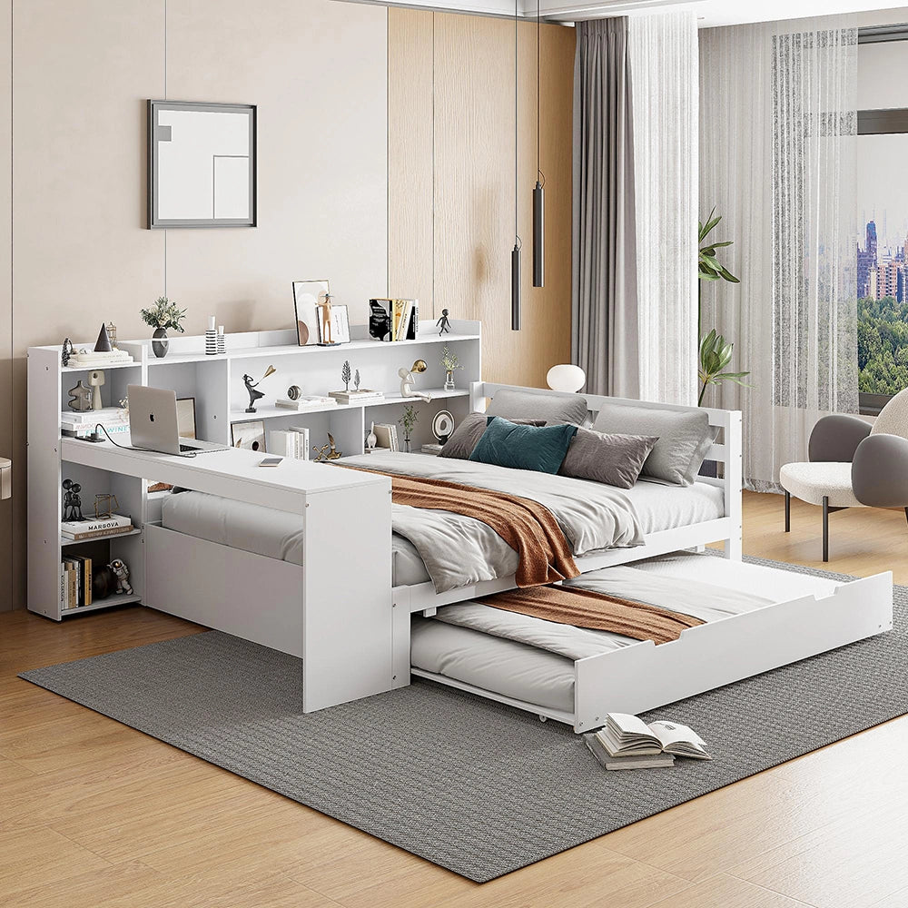 Divano letto-Xylo-140x200 cm-scrivania, scaffali, prese, legno bianco
