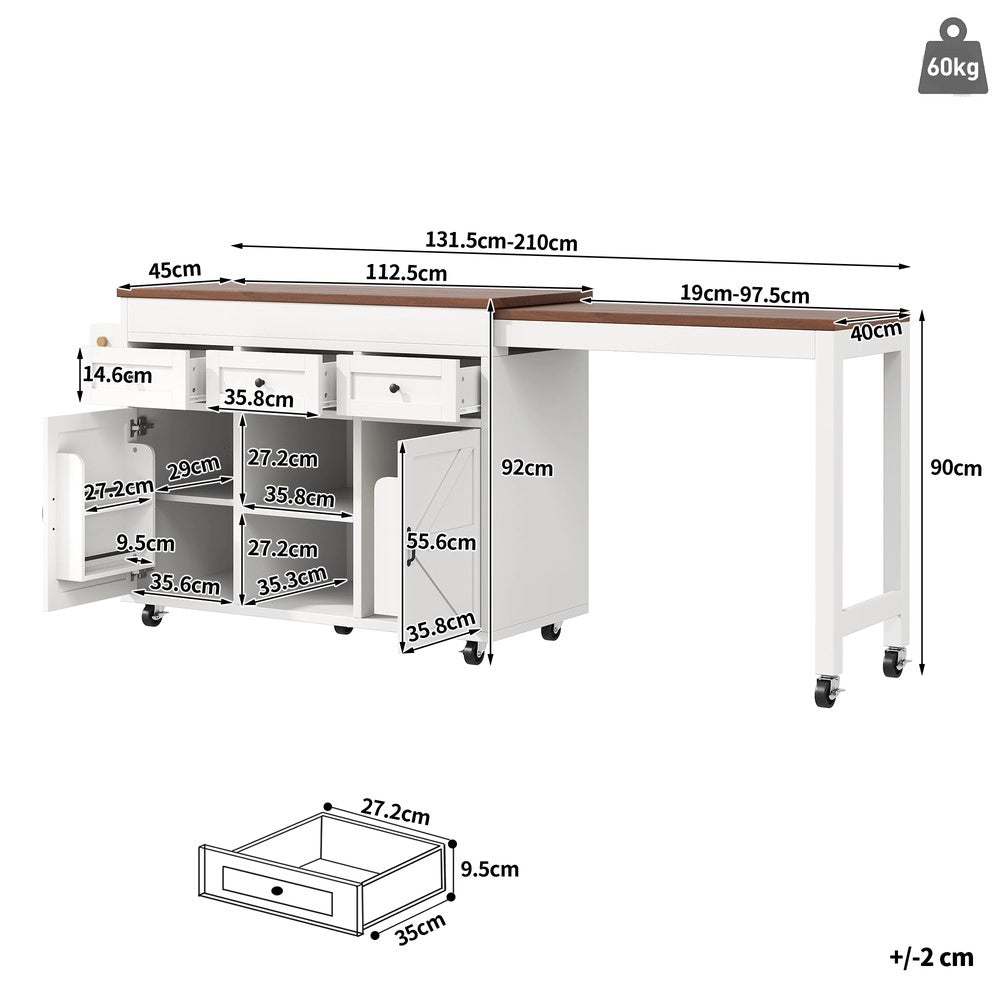 Tavolo da Pranzo Allungabile con Isola Cucina e Cassetti ¨C Xylo ¨C Bianco, 131.5-210 cm
