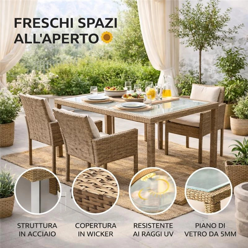 TAVOLO AZORE IN ACCIAIO E WICKER MARRONE 150 X 90CM