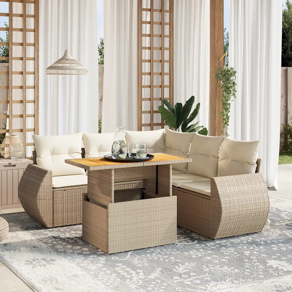 Set Divano da Giardino 6 pz con Cuscini Beige in Polyrattan
