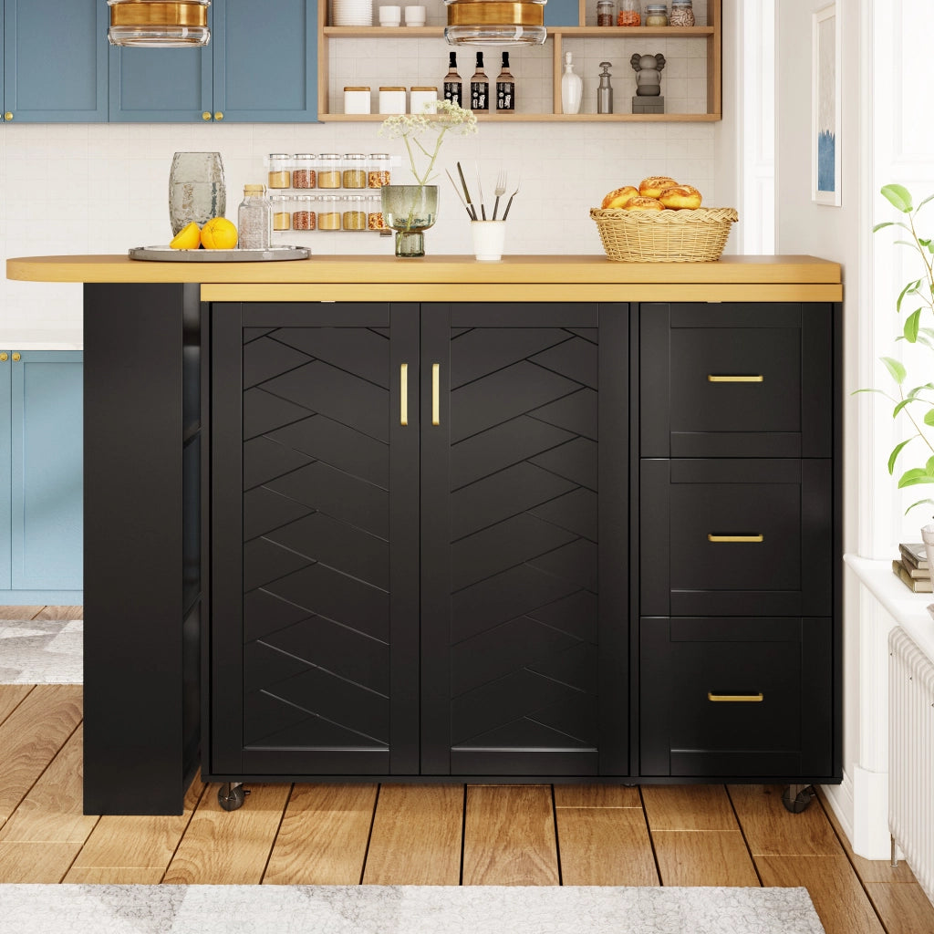 Carrello Bar Allungabile con 2 Ante e 3 Cassetti ¨C MINIMAL ¨C Bianco/Nero, Piano in Legno, 135-228x39x104 cm