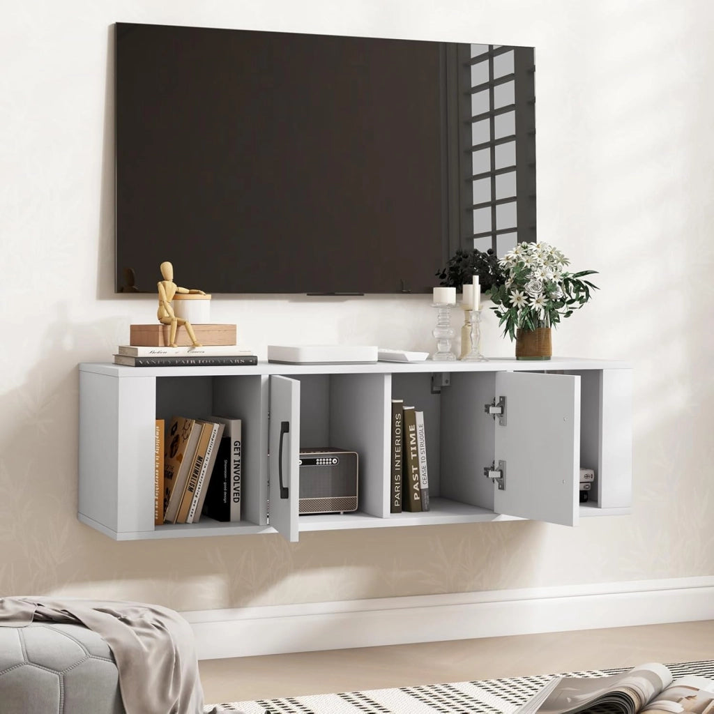 Mobile per TV Sospeso con Armadio, Supporto da Parete, Moderno per Soggiorno, Camera da Letto, Ufficio, 108 x 33 x 30,5 cm, Bianco