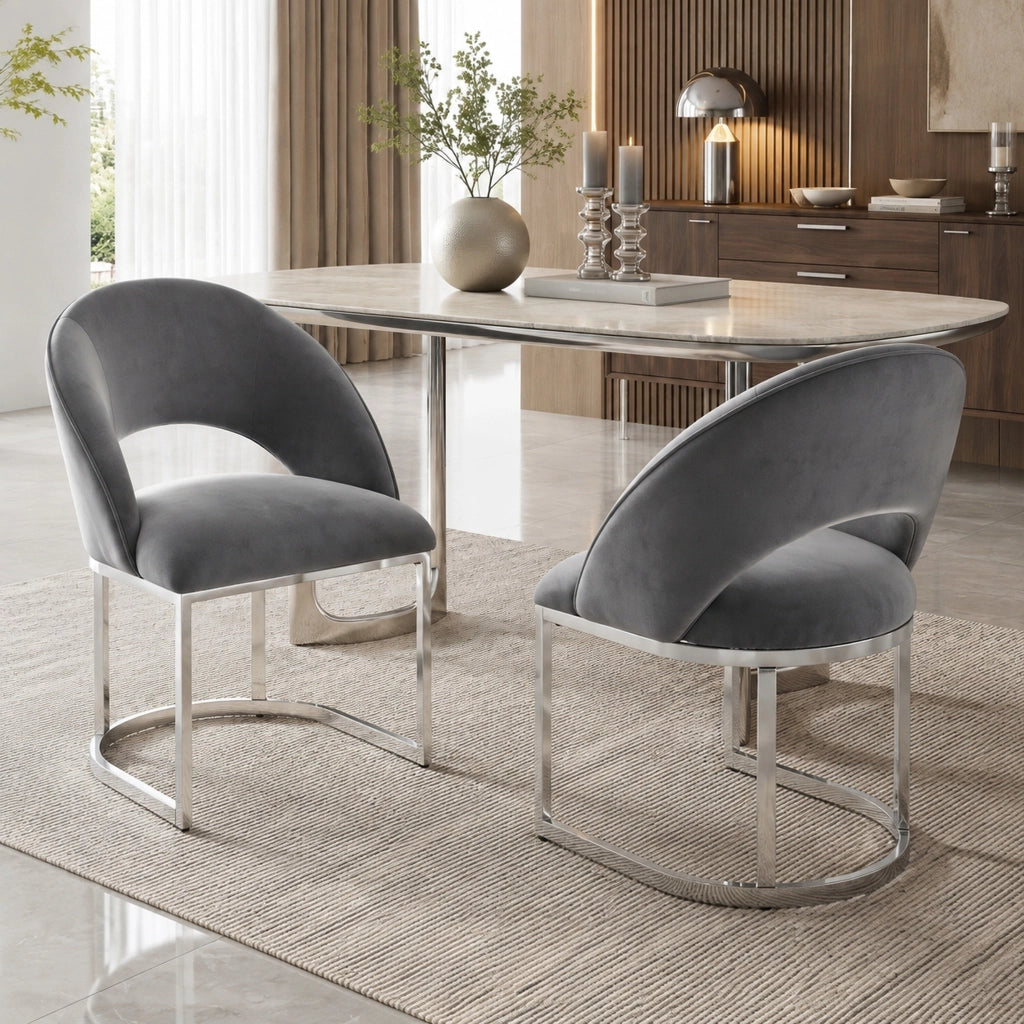 Set di 2 sedie da pranzo 67.01x61.01x53.19 cm in velluto; gambe in metallo; grigio e argento