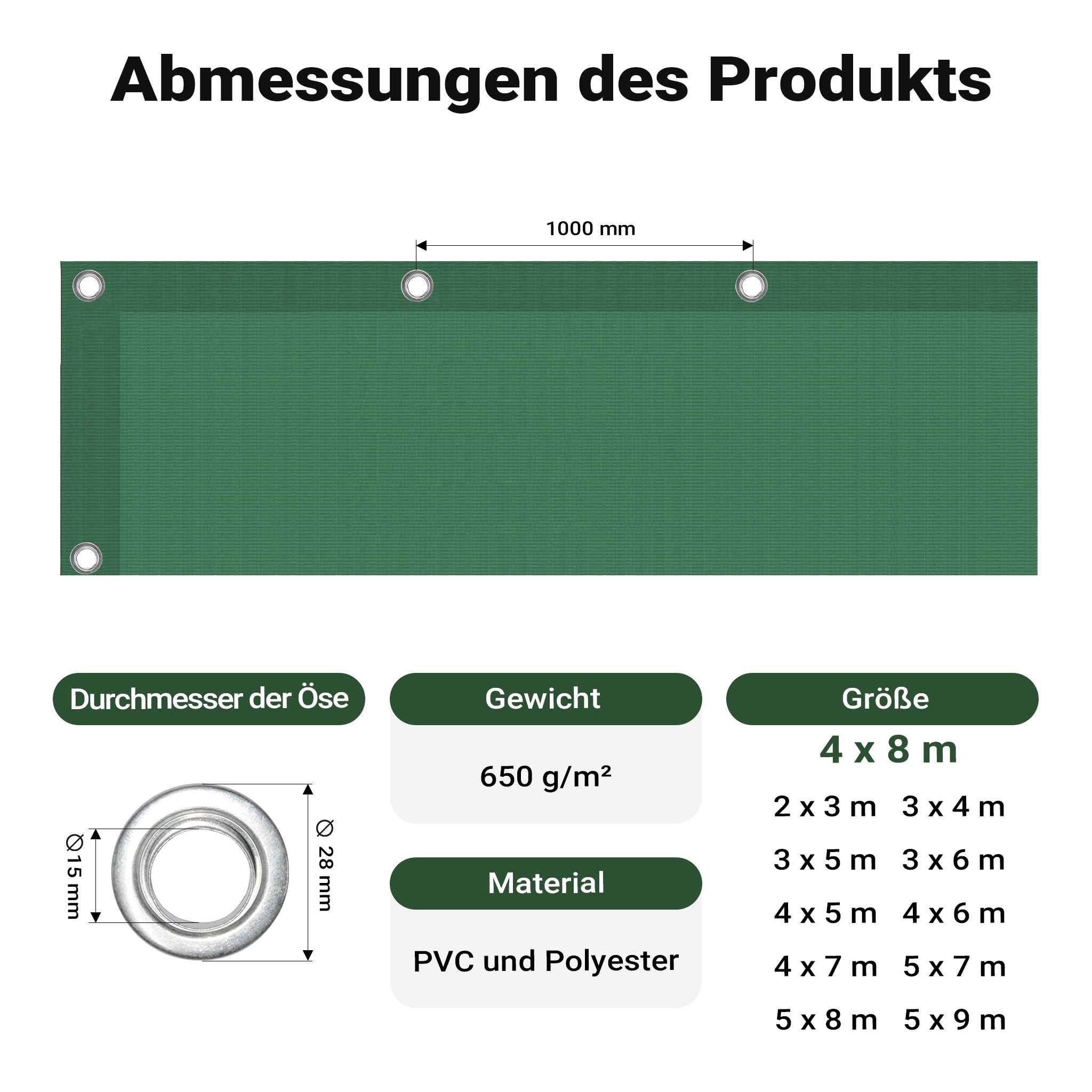 Telone occhiellato verde 4 x 8 m resistente alle intemperie e a raggi UV, impermeabile, robusto telo di protezione in poliestere 650 g/m² con rivestimento in PVC