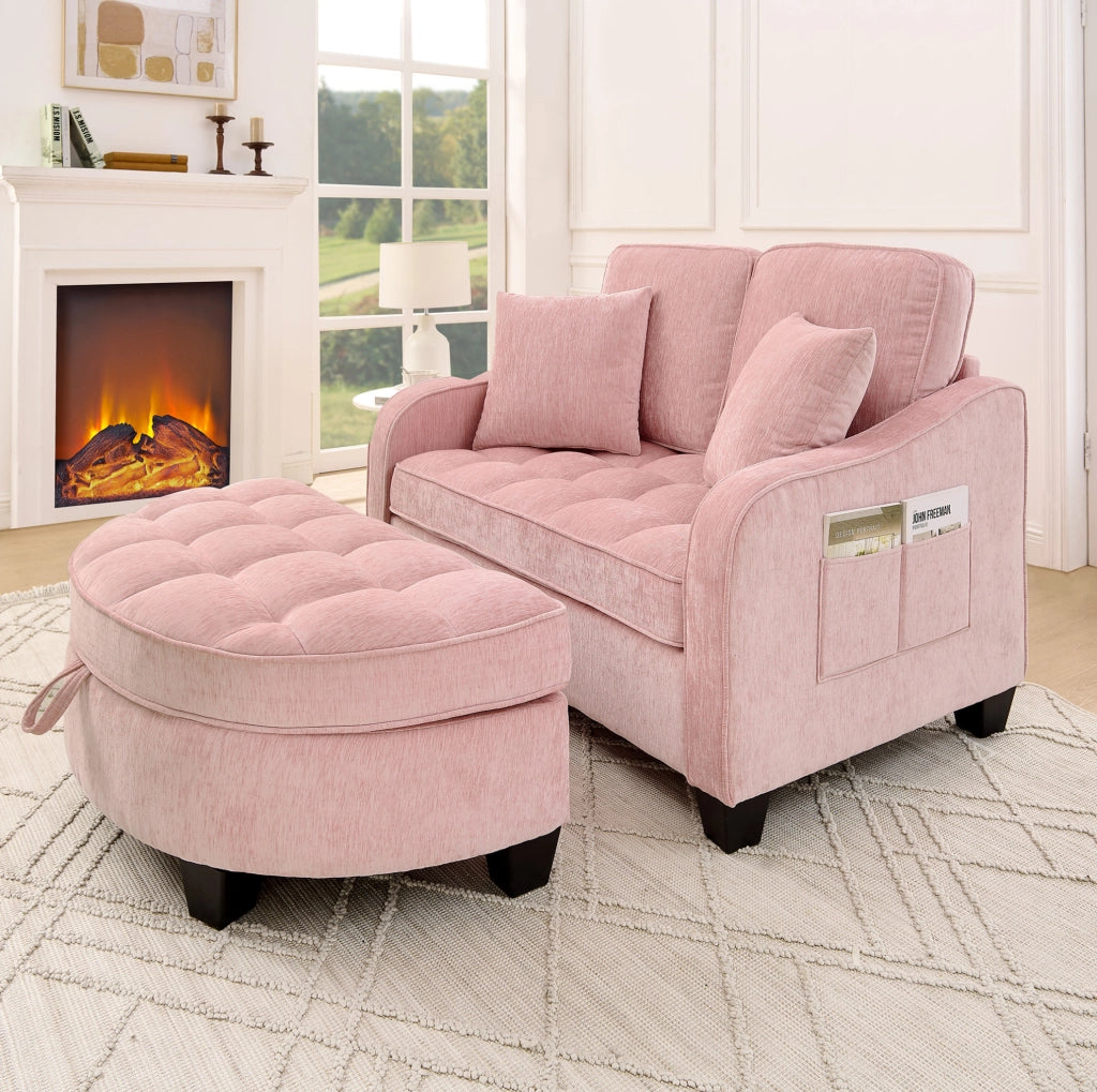 Divano letto 2 in 1 trasformabile con pouf contenitore 132x129x93 cm in tessuto rosa