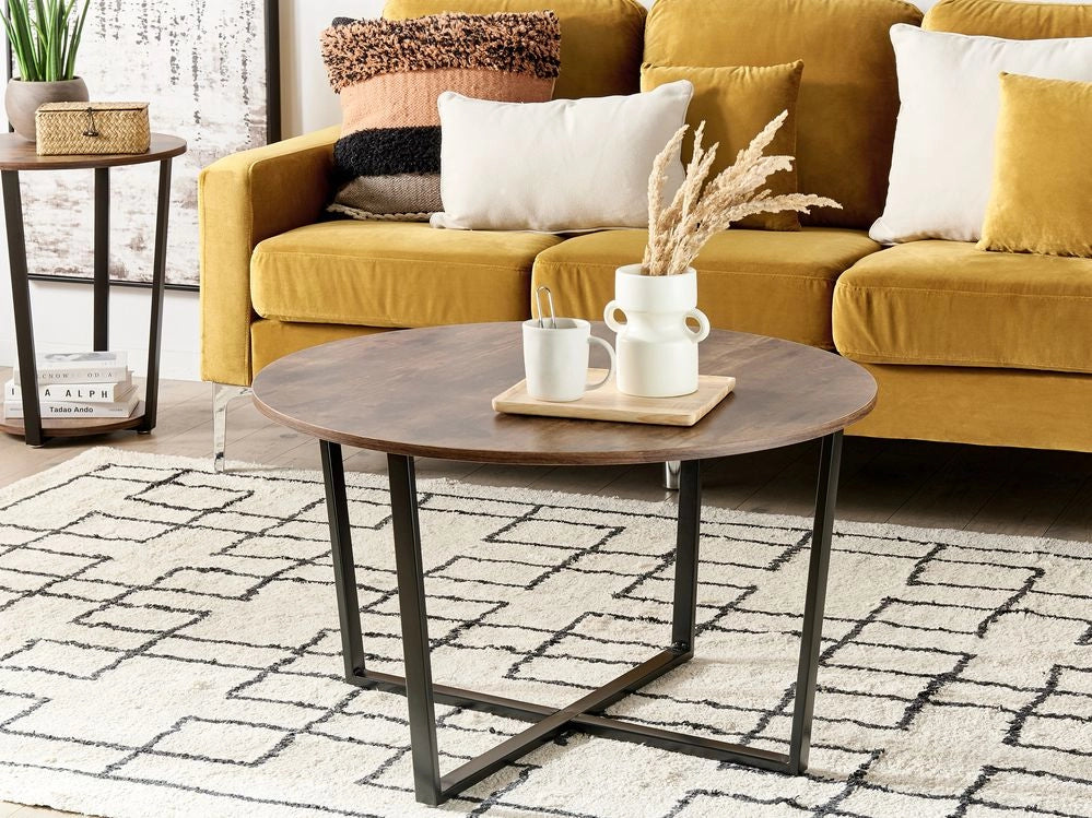 Tavolino da caffè in legno scuro con piano in MDF Nero gambe in metallo 80 cm industriale rotondo soggiorno