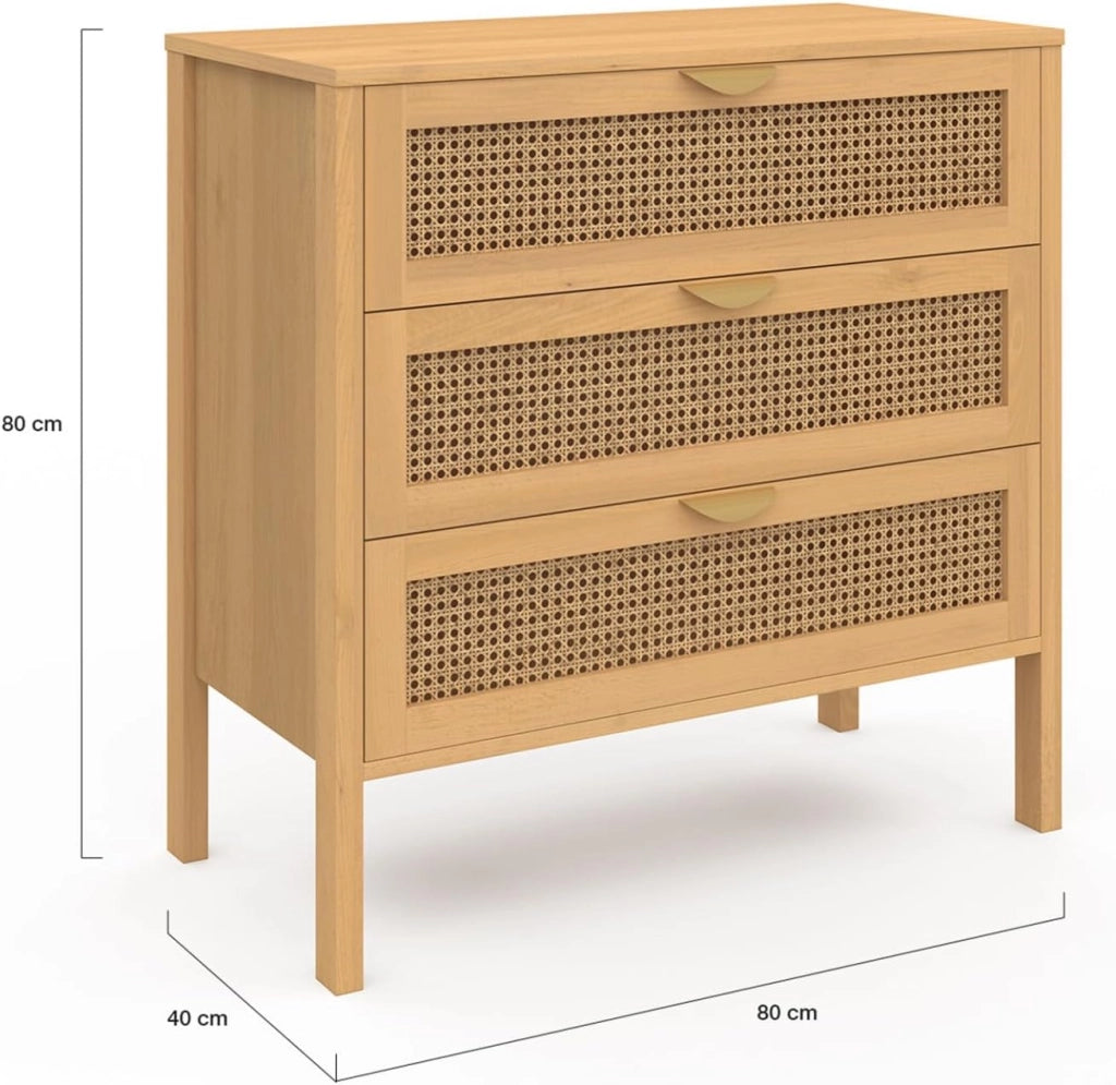 EDHEN Cassettone a 3 cassetti, 80 cm, in vimini color legno