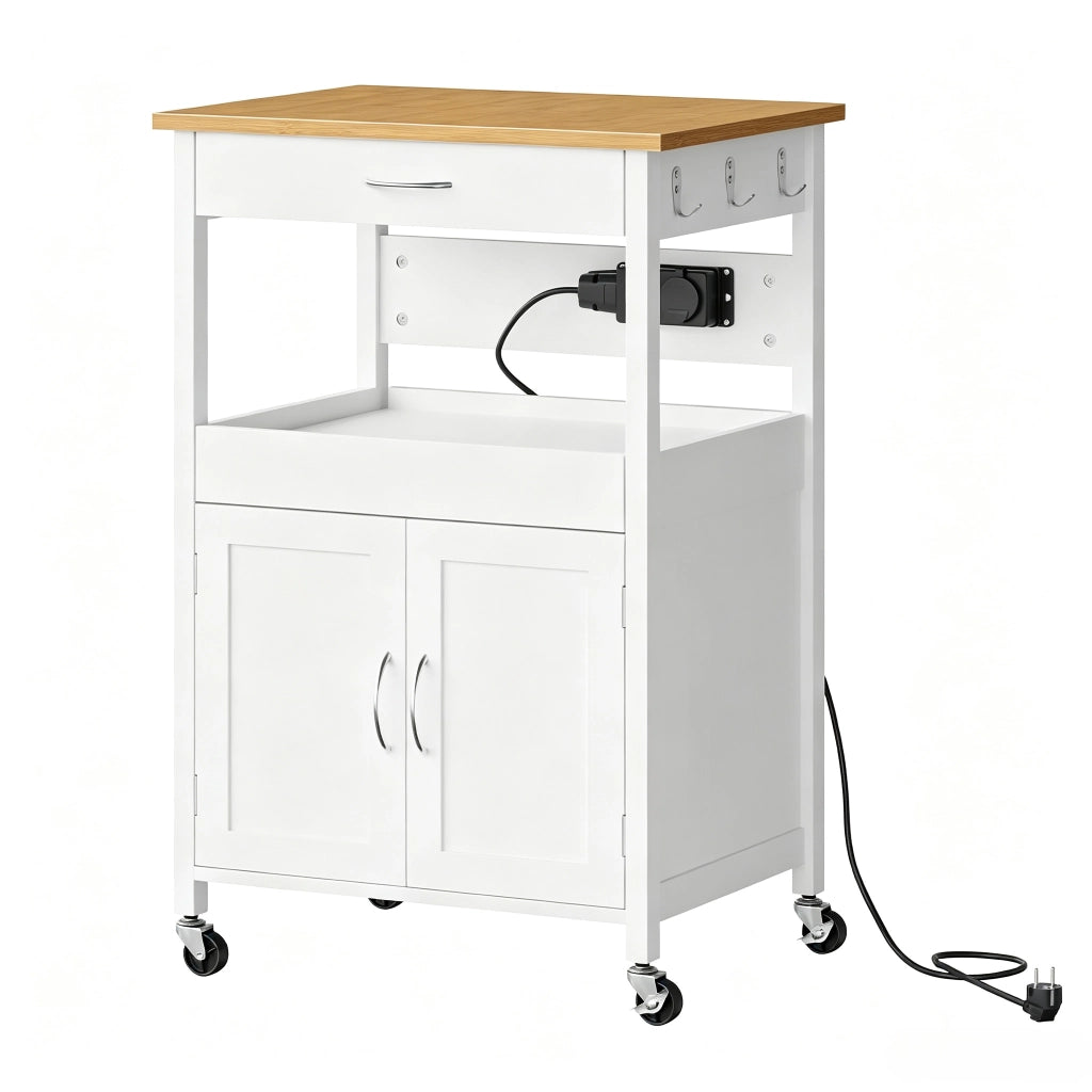Carrello da cucina con ruote, 2 prese, 1 cassetto, 1 ripiano e 1 armadio, 60x45x92 cm