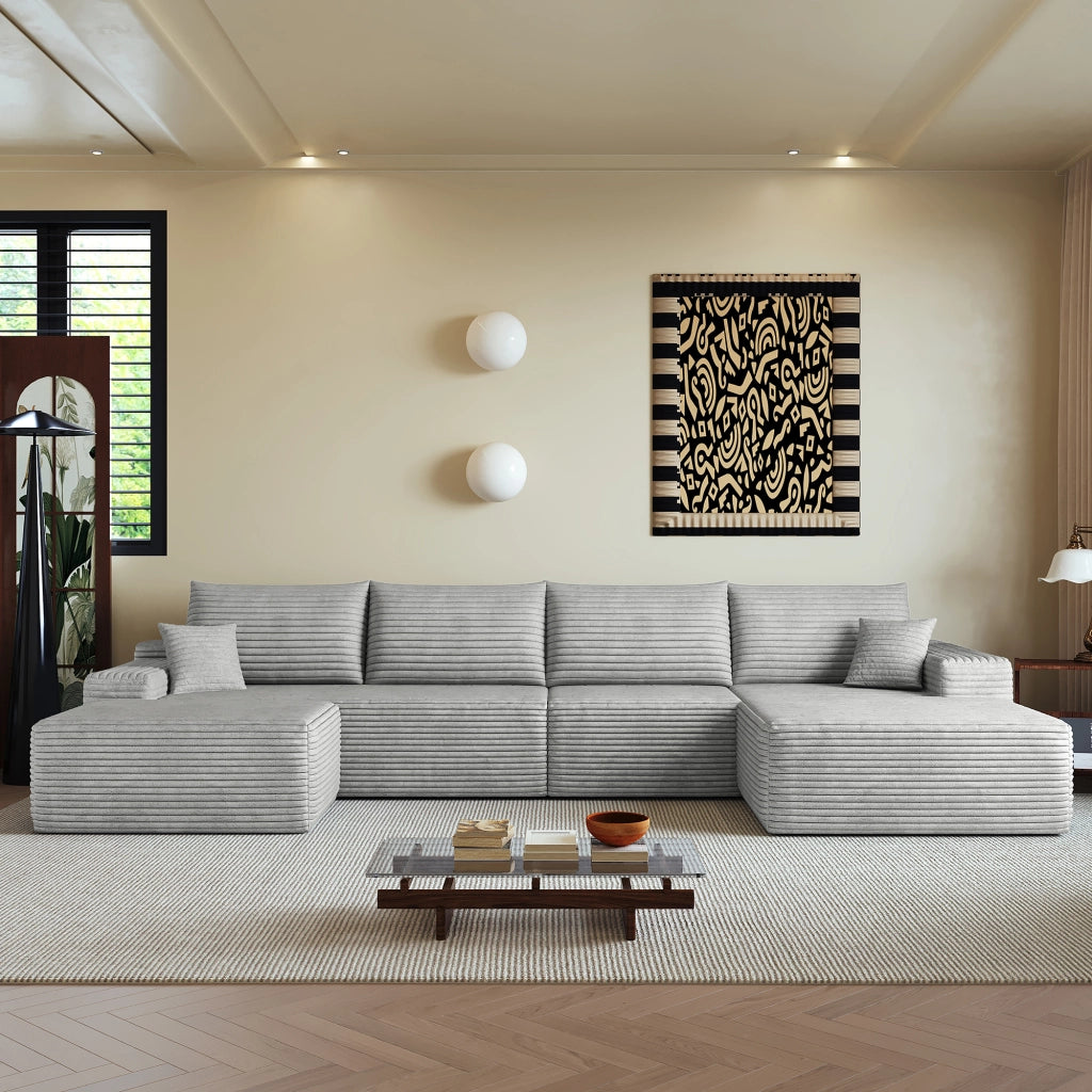 Divano in tessuto a coste grigio imbottito in schiuma ad alta elasticità 340 × 175 × 83 cm