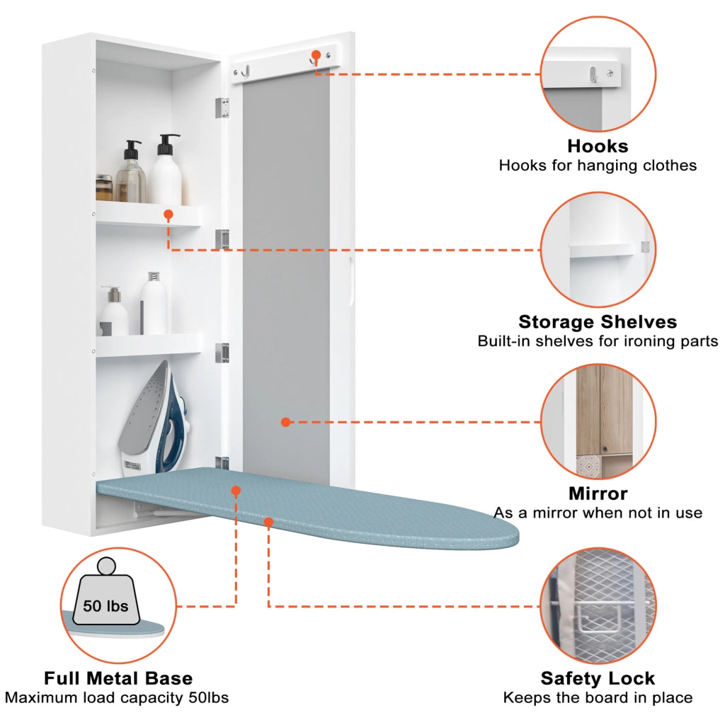 Mobile da parete con asse da stiro integrato; specchio e ripiani; MDF bianco 103×44;5×24;5 cm
