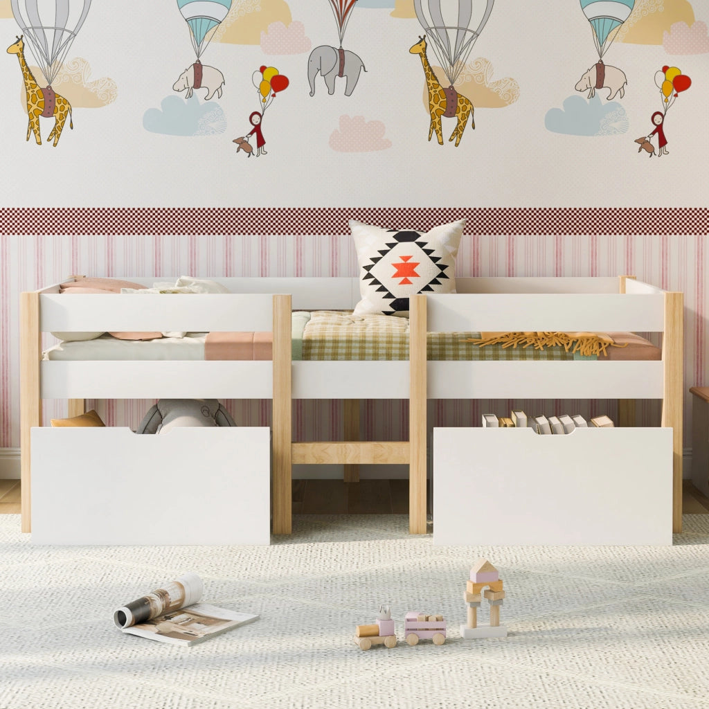 Letto rialzato per bambini con cassetti e spondina di sicurezza