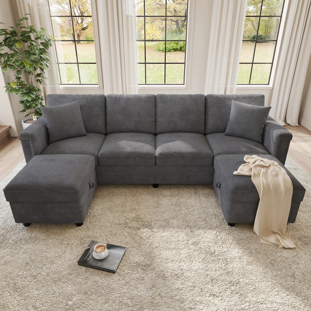 Divano modulare trasformabile a L o U 261x134x82 cm in ciniglia grigio con USB e Type-C