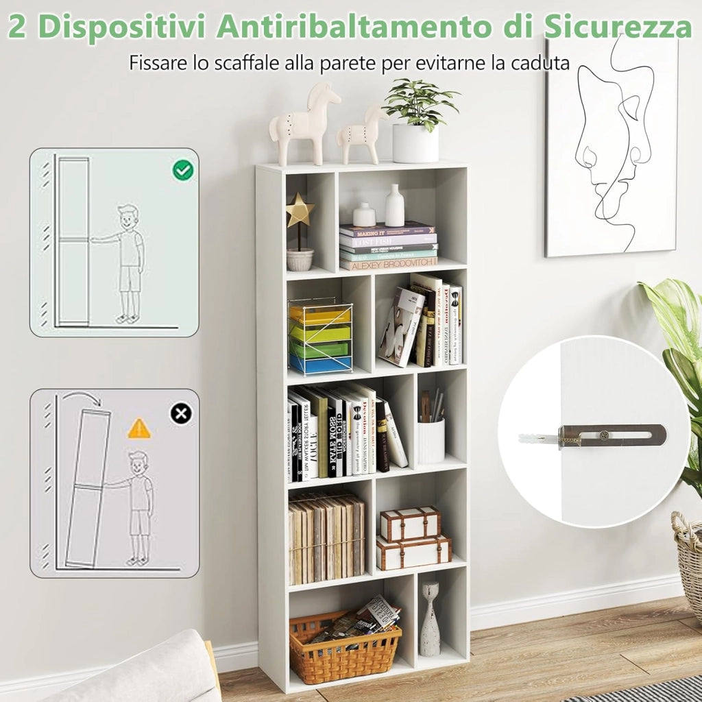 Libreria Geometrica a 5 Piani, Scaffale in Legno con 10 Scomparti, Mensola Espositiva a Pavimento, Scaffale Autoportante per Studio Soggiorno Camera da Letto, 60x25x160 cm
