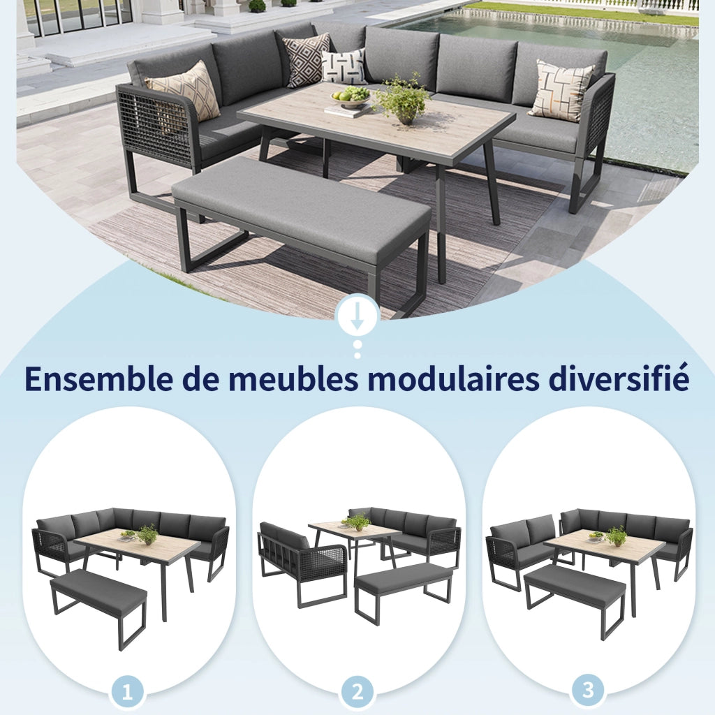 OKWISH Set da giardino da 5 pezzi con 3 divani a 2 posti, 1 panca e 1 tavolo, in rattan PE, Grigio