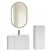 Mobile bagno con lavabo e colonna con specchio LED antiappannamento sospeso per bagno; finitura bianca opaca