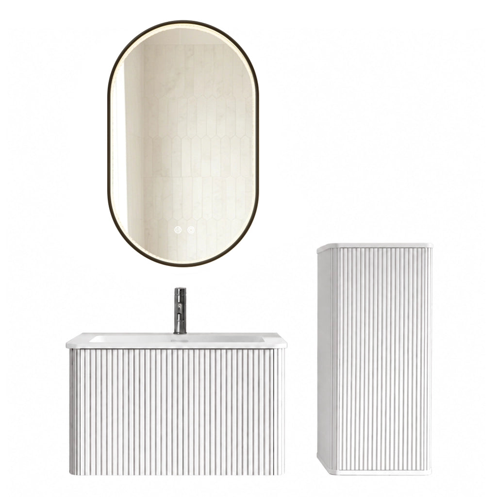 Mobile bagno con lavabo e colonna con specchio LED antiappannamento sospeso per bagno; finitura bianca opaca