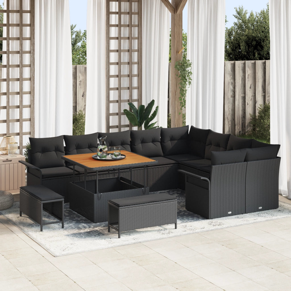 Set di divani da giardino  da 12 pezzi con cuscini neri in polirattan e acacia