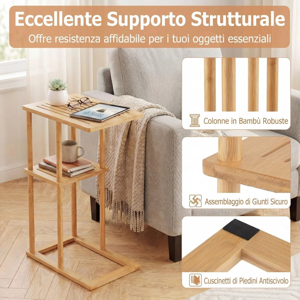 Set di 2 Tavolini a Forma di C, Tavolini Bassi in Bambù con Ripiani Portaoggetti, Tavolo Laterale da Divano per Piccoli Spazi, per Soggiorno, Camera da Letto, 40 X 28 X 65 CM (Modelli 1, 2)