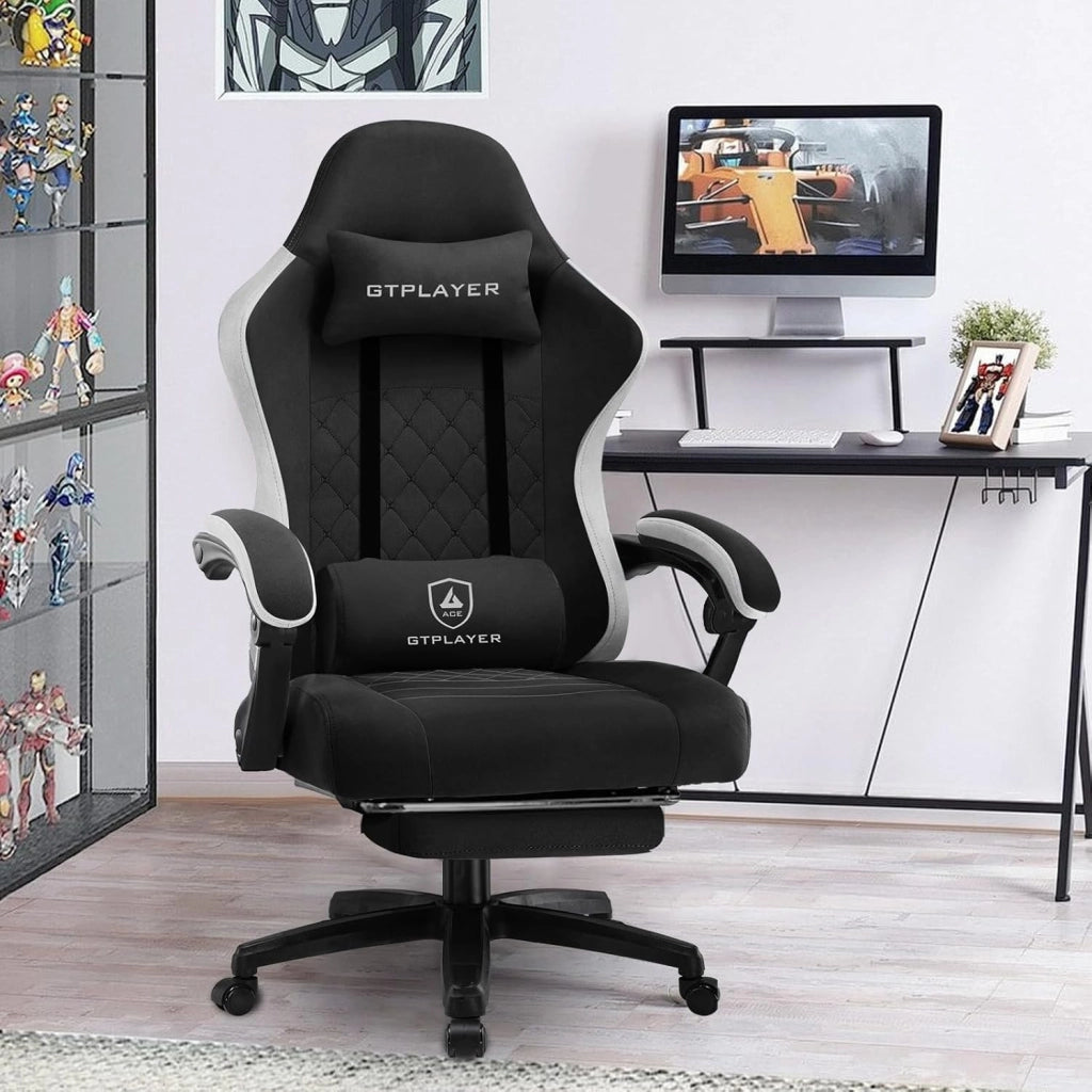 Sedia da gaming, ergonomica, da scrivania, con superficie in tessuto, cuscino a molla, braccioli di collegamento e poggiapiedi, nero scuro