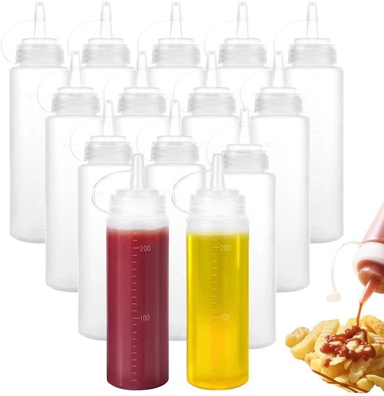 Sbattitori 14 pezzi - 240 ml Plastica - Salsa di Salsiccia - Fiasco di Ketchup - Design senza Leva - Materiale Sicuro per l'Alimentazione - Fiasco per Salse
