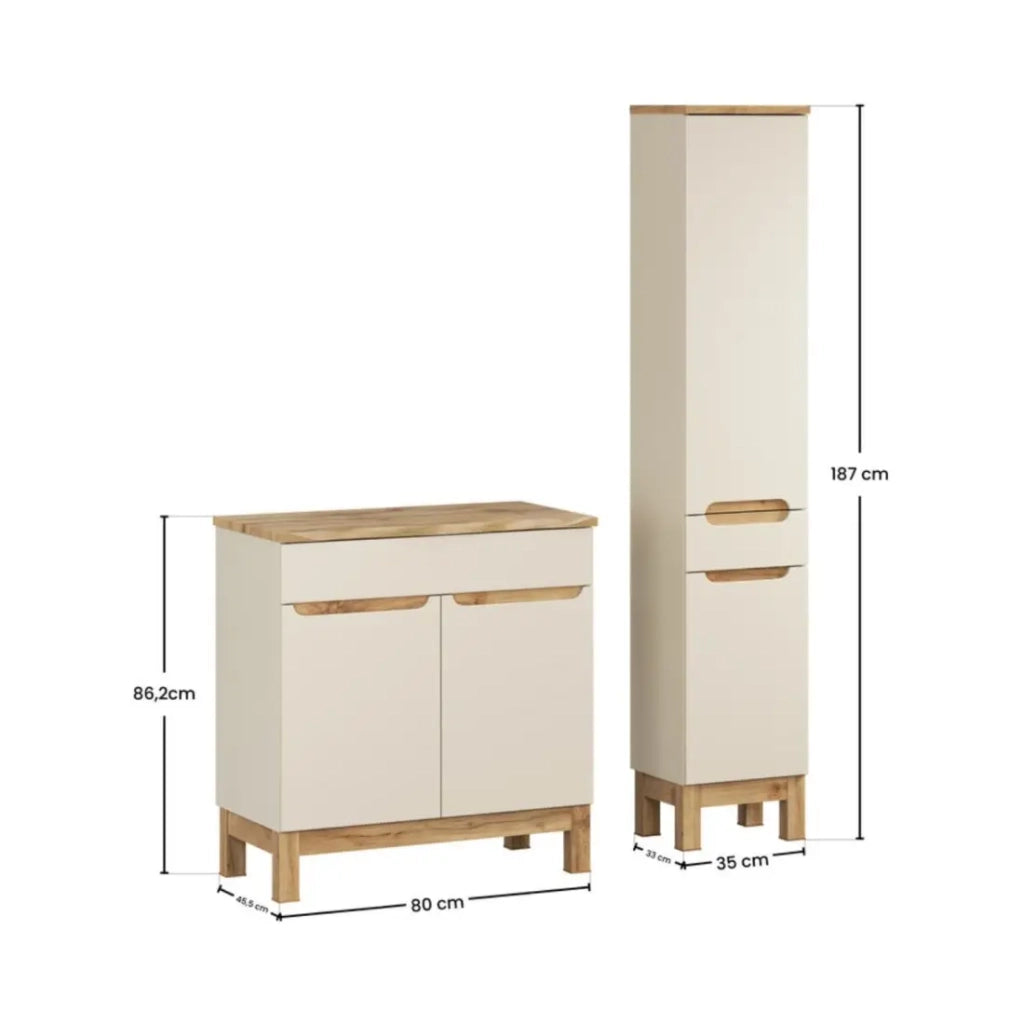Set da bagno ERMANO cashmere e finitura rovere 115cm: mobile sottolavabo + piano per lavabo smussato + colonna